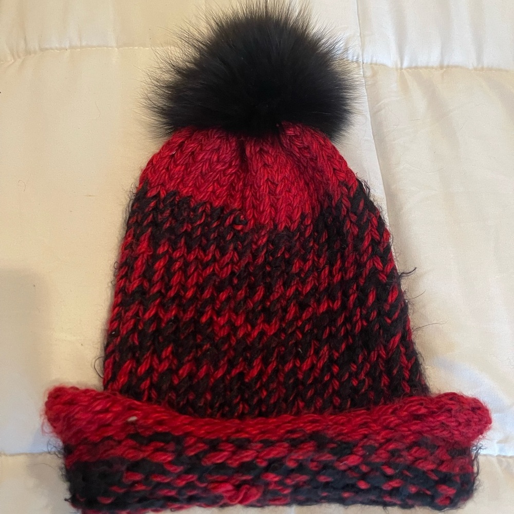 Knit red and black hat